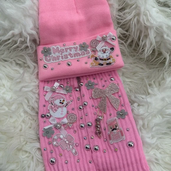 Pink Christmas Junk Hat & Socks  with Festive Embellishments - Picture 2 of 3